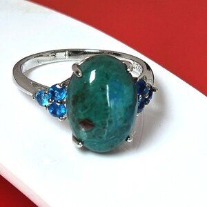 925 Sterling Silver Ring SZ 7.75 with Natural 13x10mm Chrysocolla & Apatite Gems